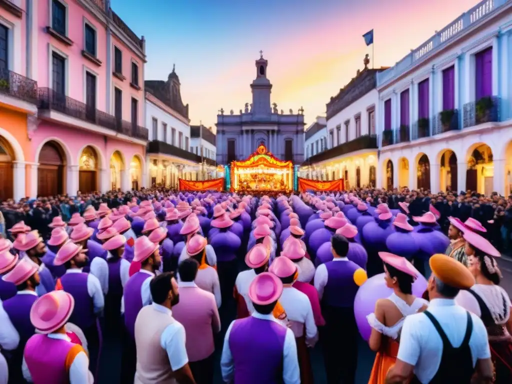 Desfile de Carnaval en Uruguay: floats, danzas, música y espectadores en las coloridas calles