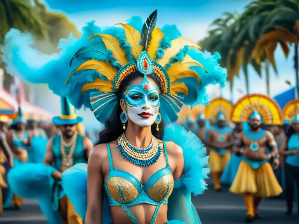 Desfile de Carnaval en Uruguay con energía renovable: coloridos trajes, música alegre y danzas, rodeados de naturaleza y cielos azules