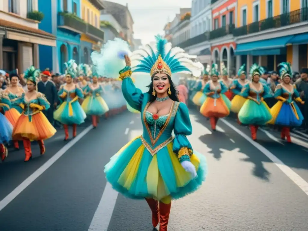 Desfile de Carnaval en Uruguay con floats coloridos, bailarines y multitud animada, reflejando la sostenibilidad económica del Carnaval Uruguayo