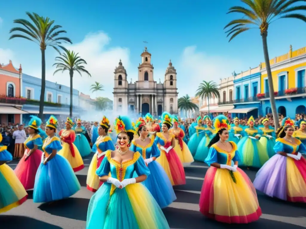 Desfile de Carnaval en Uruguay con impacto económico en bandas, músicos y coloridos trajes bajo cielos azules