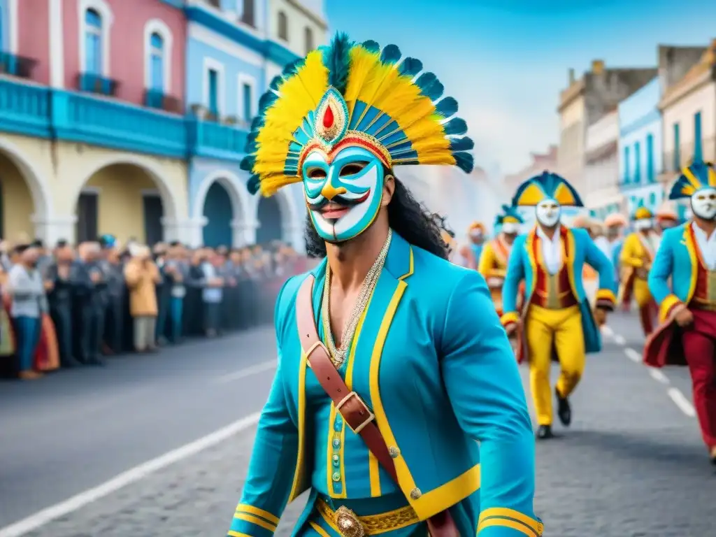 Desfile de Carnaval en Uruguay con influencia europea, murgas coloridas y arquitectura histórica