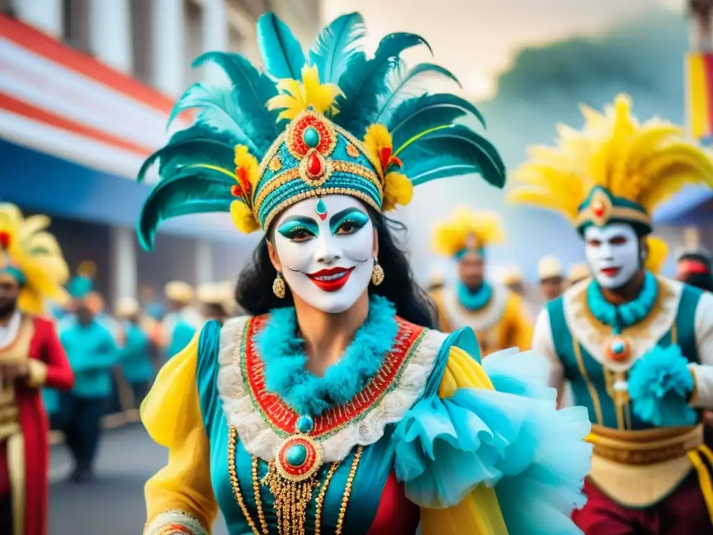 Desfile de Carnaval lleno de color y alegría, con bailarines en trajes llamativos