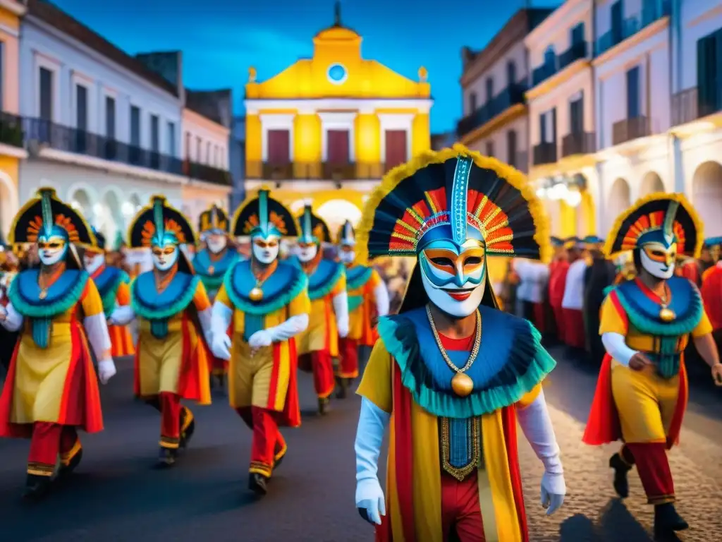 Desfile de Carnaval en Uruguay con luces sostenibles y arquitectura colonial bajo un cielo estrellado