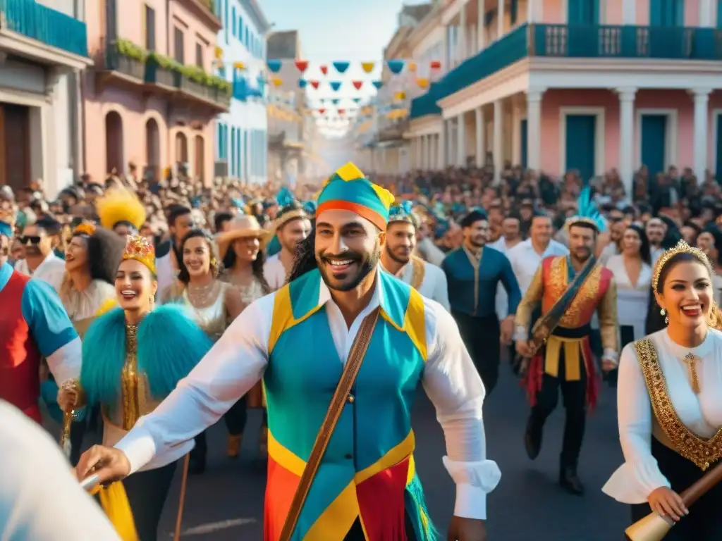 Desfile de Carnaval en Uruguay: vibrante celebración con música, coloridos trajes y espectadores felices