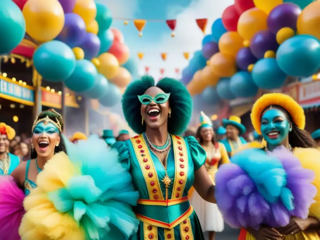 Un desfile de Carnaval con niños bailando en coloridos trajes, reflejando valores educativos en el Carnaval