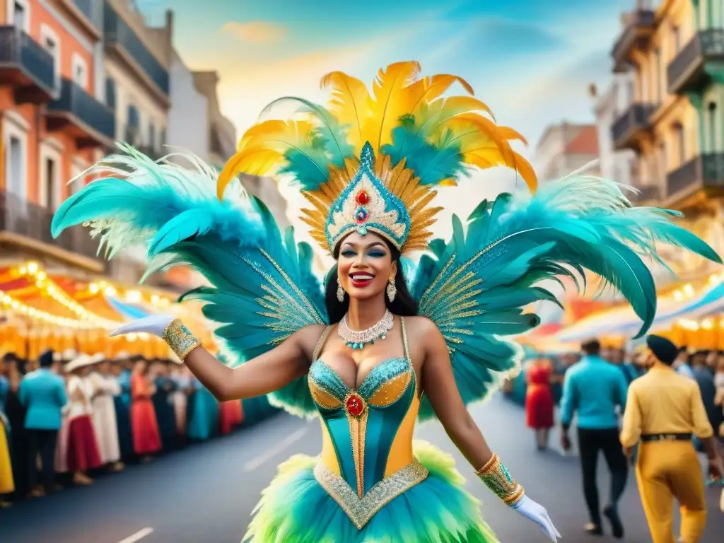 Un desfile de Carnaval en Montevideo con realidad aumentada en el ambiente festivo y colorido