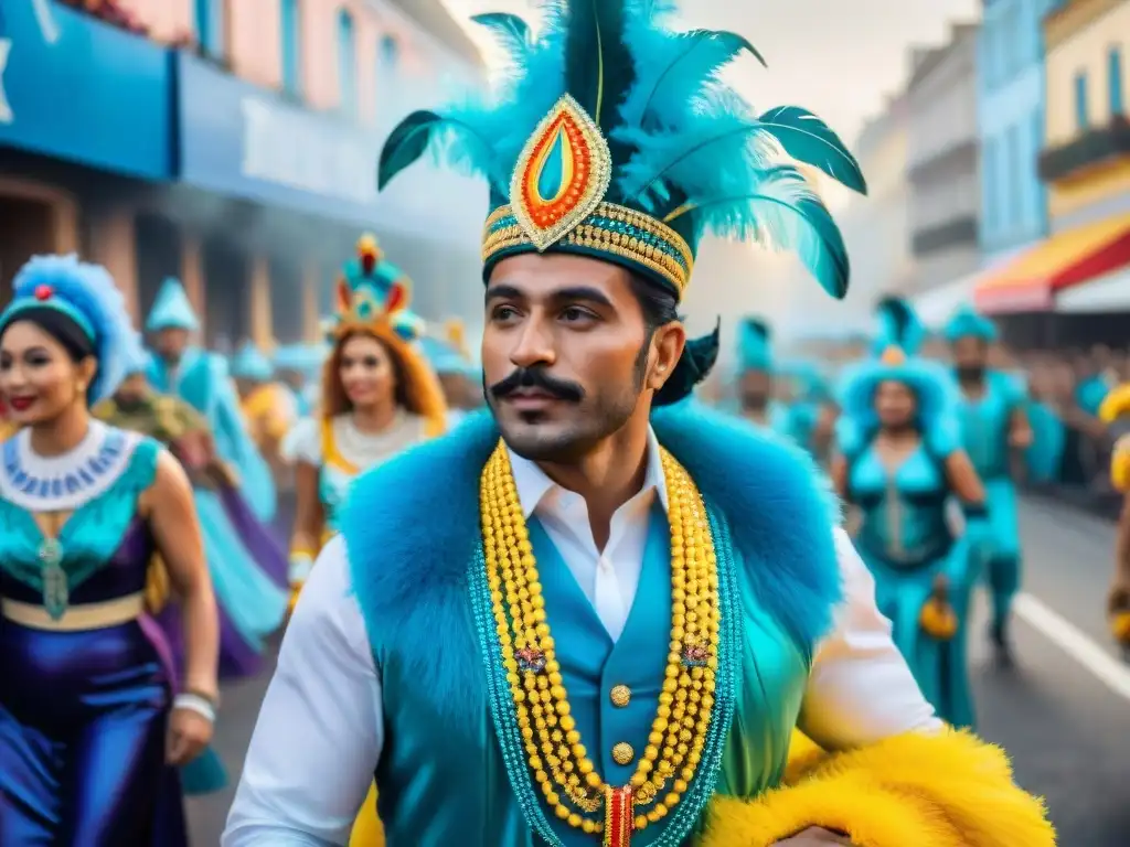 Desfile de Carnaval en Uruguay: revistas de Carnaval Uruguayo innovadoras, carrozas coloridas, bailarines y espectadores alegres