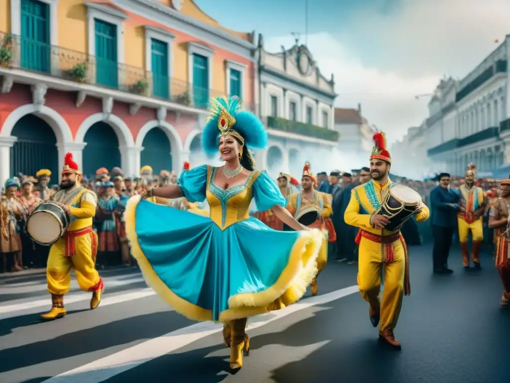 Un desfile de Carnaval en Uruguay con ritmos tradicionales del Carnaval Uruguayo, carros alegóricos, coloridos trajes y bailarines enérgicos