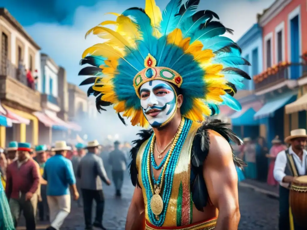 Desfile de Carnaval en Uruguay con trajes artesanales vibrantes y festivos