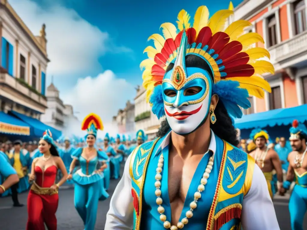 Desfile de Carnaval en Uruguay: trajes coloridos, bailarines energéticos y carrozas detalladas en las calles