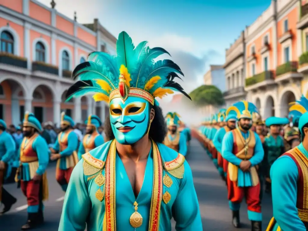 Desfile de Carnaval en Uruguay con trajes coloridos y música alegre frente a edificios coloniales y palmeras