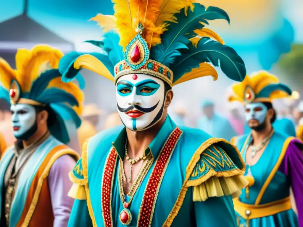 Un desfile de Carnaval en Uruguay con trajes coloridos representando significados