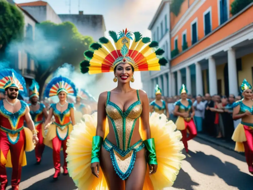 Desfile de Carnaval en Uruguay con trajes y lentejuelas brillantes, entre edificios coloniales