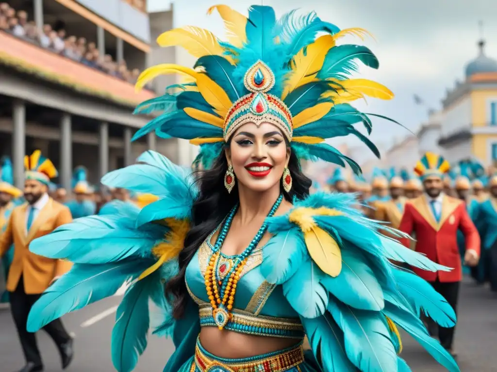 Desfile de Carnaval en Uruguay con trajes de materiales sostenibles, fusionando tradición e innovación