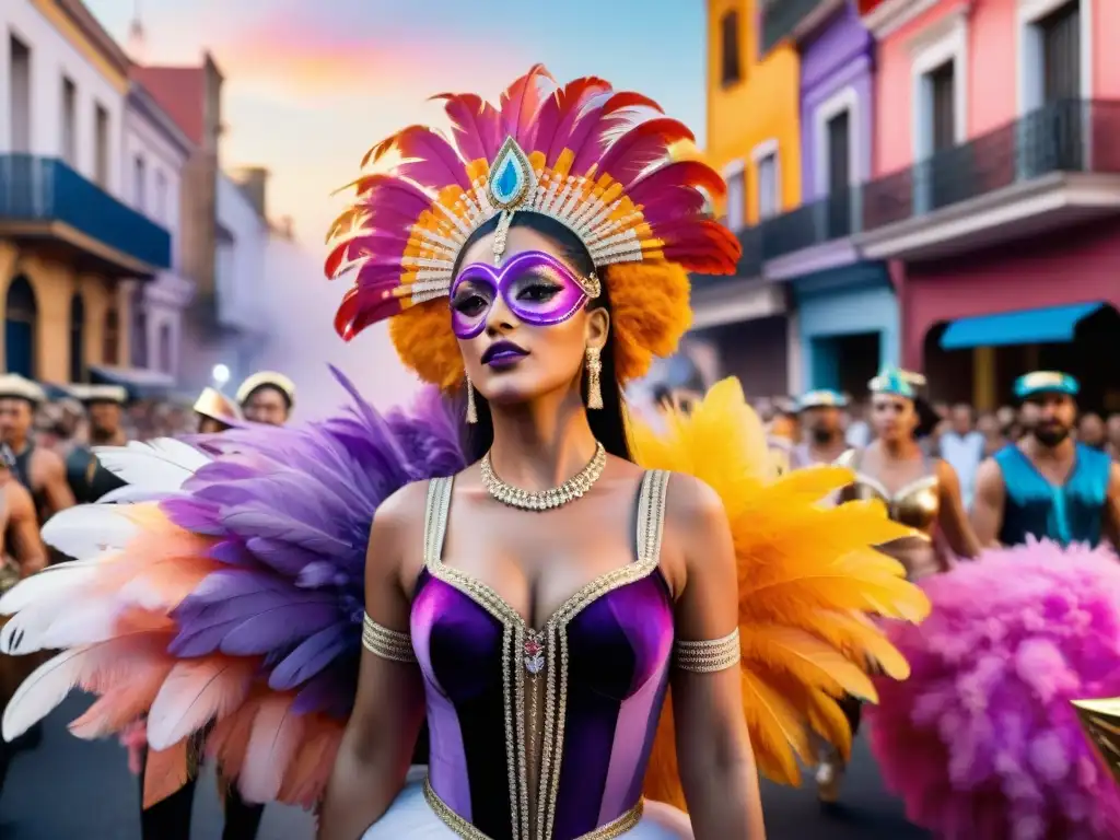 Desfile de Carnaval Uruguayo paleta colores: carrozas, bailarines y espectadores maravillados