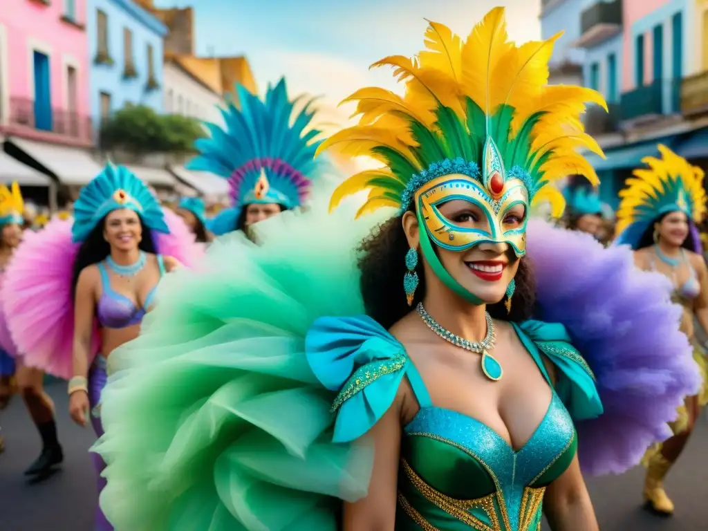 Desfile en Carnaval Uruguayo con iniciativas verdes, floats y disfraces coloridos en medio de la naturaleza al atardecer