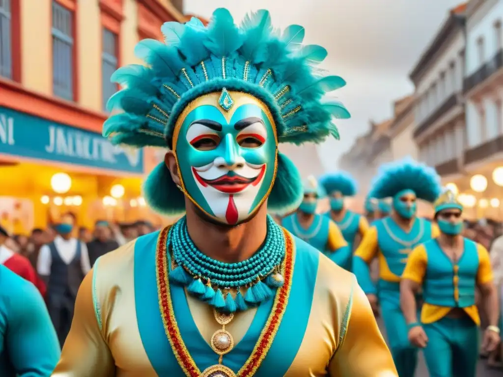 Desfile del Carnaval Uruguayo con realidad aumentada: coloridos carros alegóricos, bailarines y espectadores en las calles