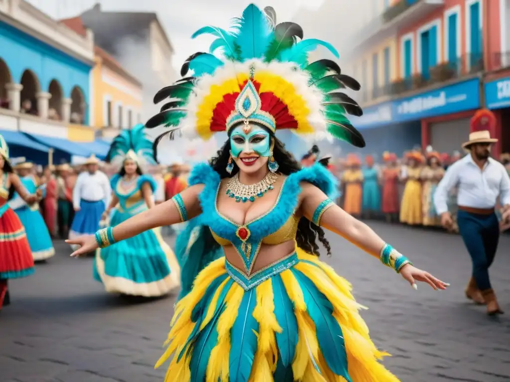 Desfile de Carnaval Uruguayo fusionando tradiciones locales con danzas y colores vibrantes en la plaza de la ciudad