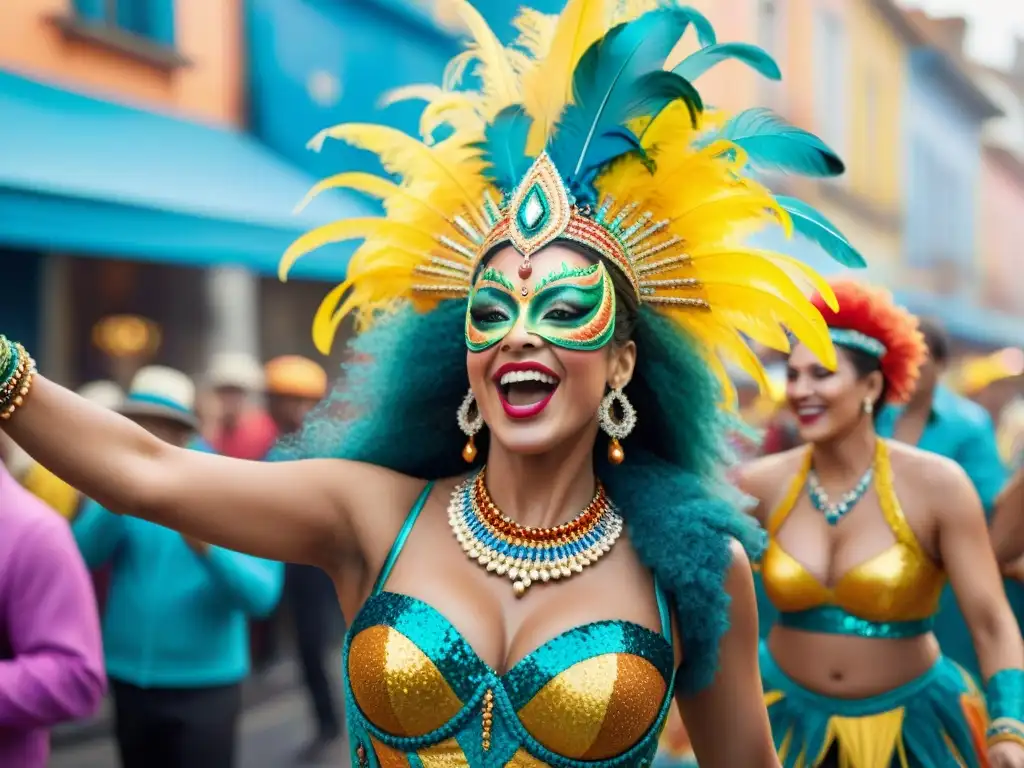 Un desfile de Carnaval en Uruguay con vedettes vibrantes en trajes elaborados y coloridos, capturando la historia y la alegría de la celebración