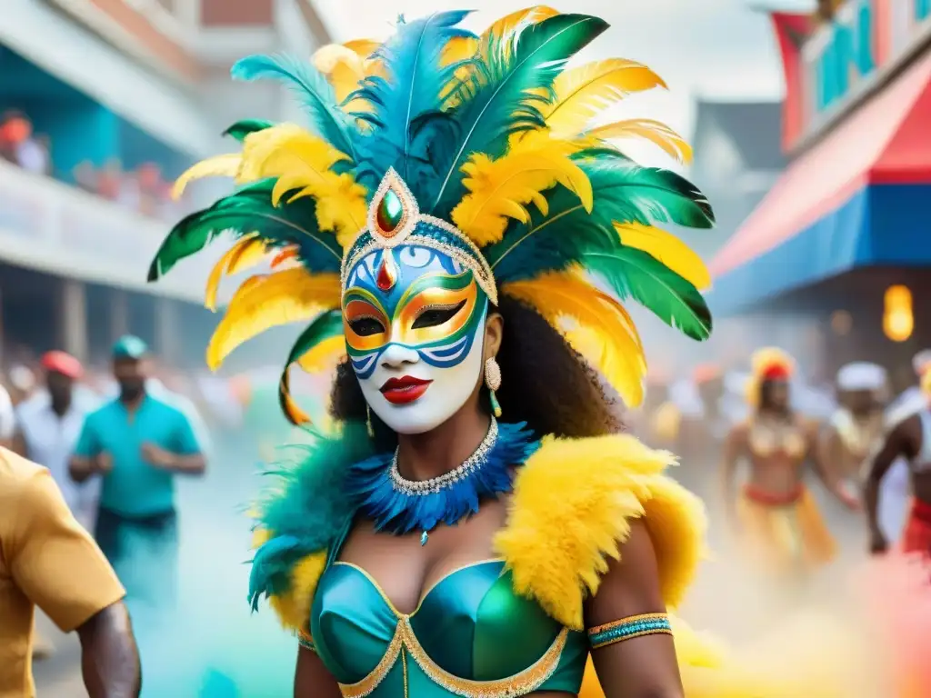 Desfile de Carnaval con vestuarios internacionales vibrantes: trajes de samba, máscaras venecianas, tocados caribeños y estampados tribales africanos