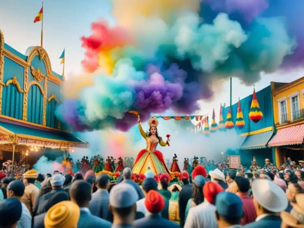 Un desfile de carnaval vibrante y bullicioso, capturando la esencia del Carnaval con colores y alegría desbordante