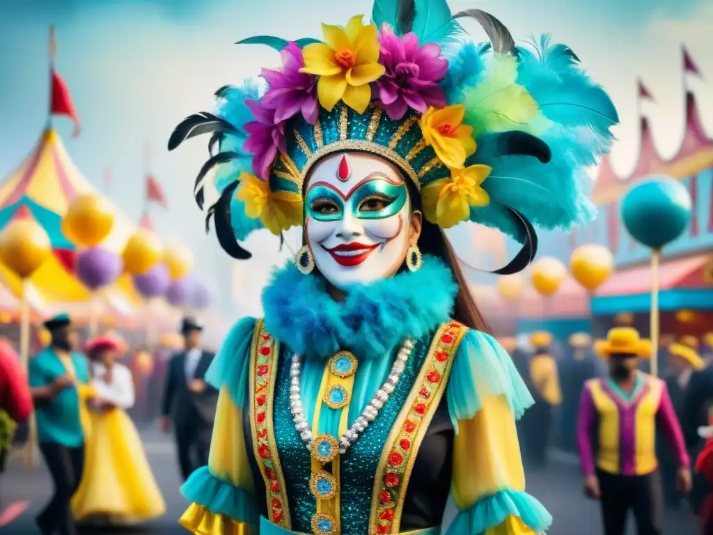 Un desfile de carnaval vibrante y bullicioso, con carrozas adornadas con flores y plumas