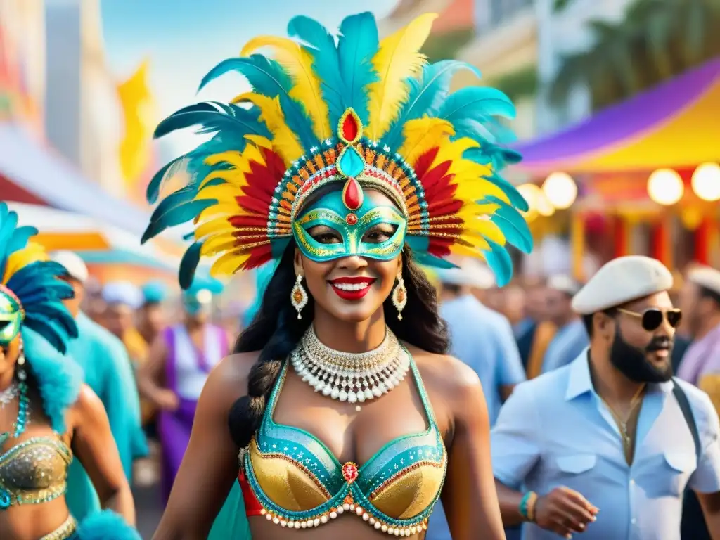 Un desfile de Carnaval vibrante y bullicioso, con personas en trajes elaborados y accesorios originales para Carnaval