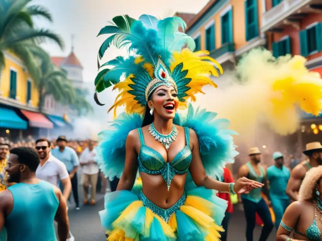 Un desfile de Carnaval vibrante con carrozas adornadas y bailarines alegres