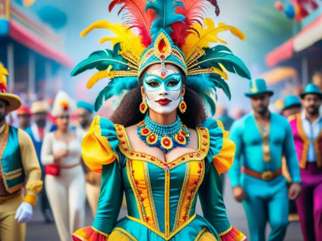 Un desfile de Carnaval vibrante con colores y detalles elaborados, capturando la celebración y la energía