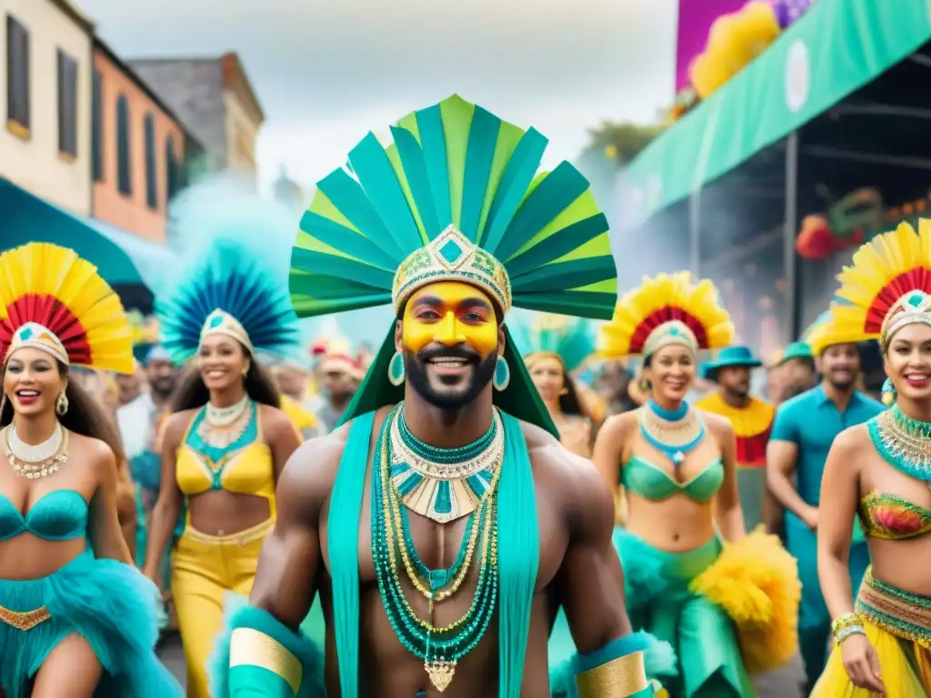 Un desfile de Carnaval vibrante y colorido con trajes elaborados de materiales reciclados