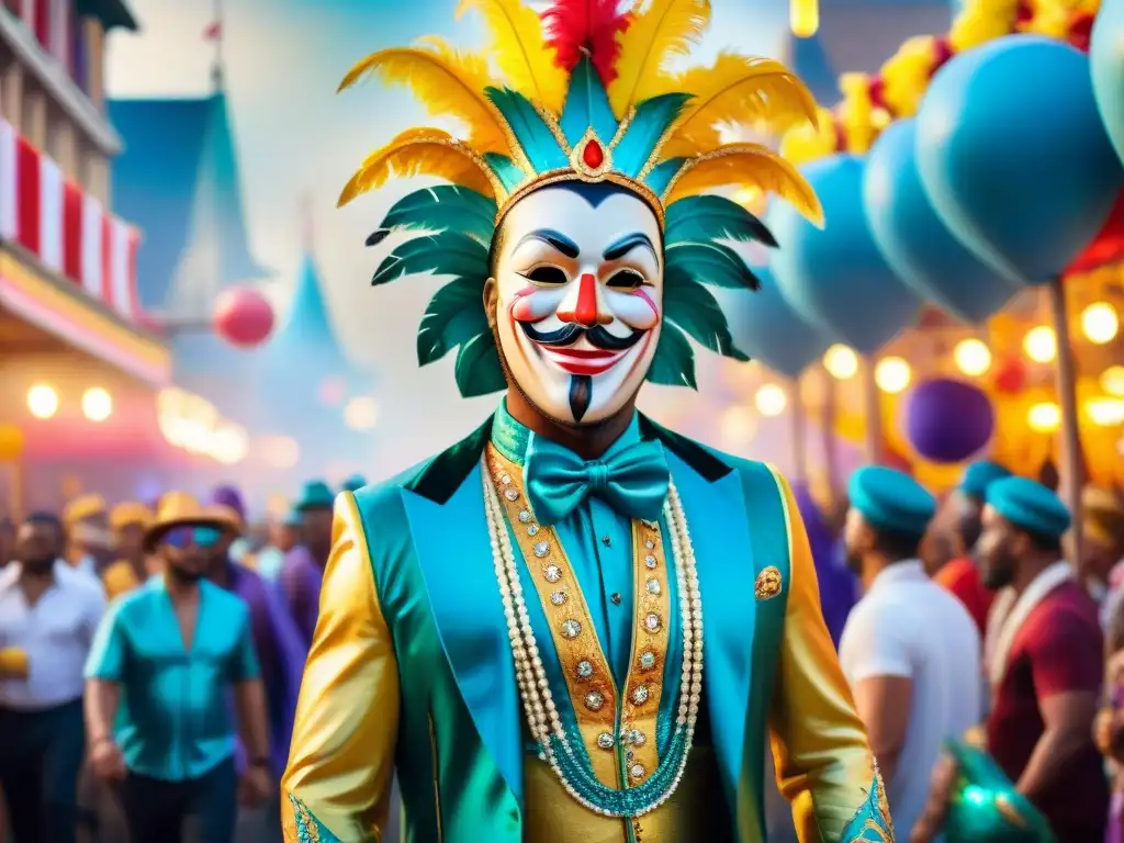 Desfile de Carnaval vibrante con coloridos trajes, carrozas y bailarines, captando la esencia festiva