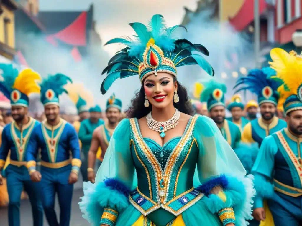 Desfile de Carnaval vibrante con detalles coloridos y espectadores alegres, capturando la esencia de la celebración