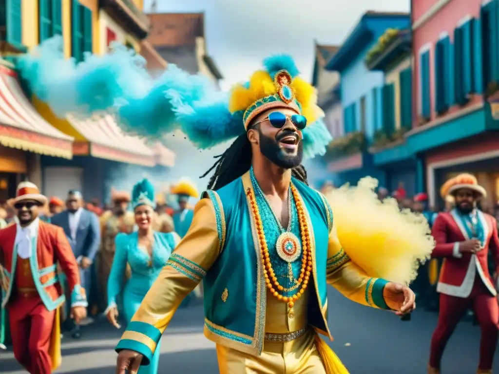 Desfile de Carnaval vibrante con disfraces elaborados, carrozas coloridas y bailarines