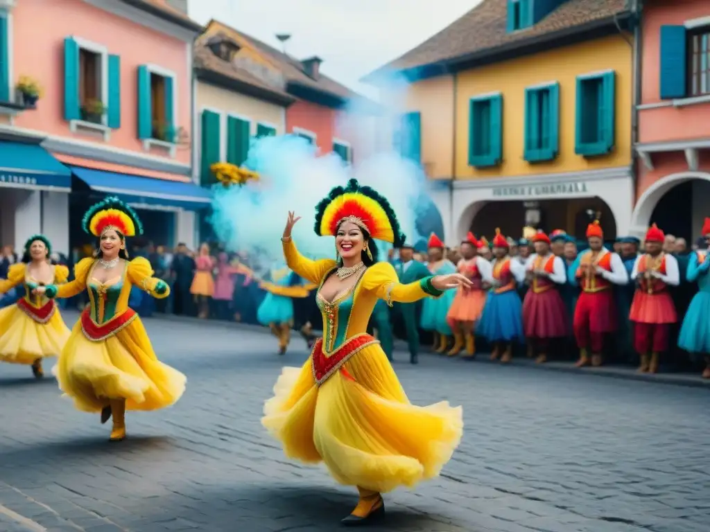 Desfile de Carnaval vibrante en plaza histórica con gente bailando y edificios festivos