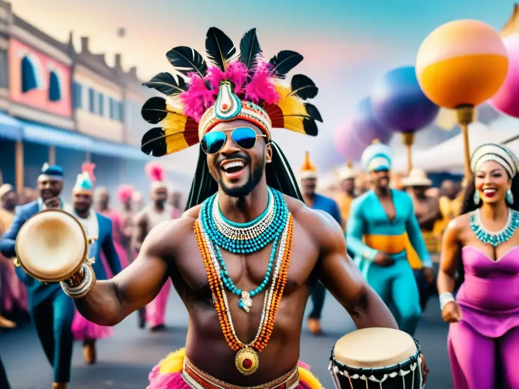 Desfile de Carnaval vibrante con tambores africanos, música y coloridos trajes