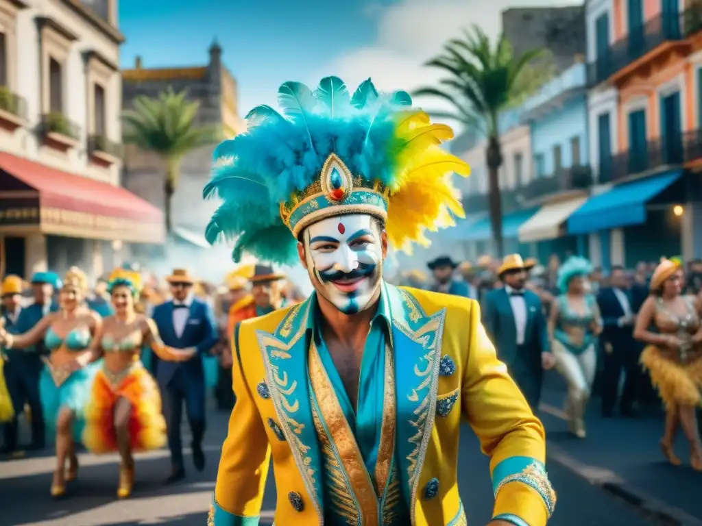 Desfile de Carnaval vibrante en Uruguay, con trajes coloridos y energía festiva