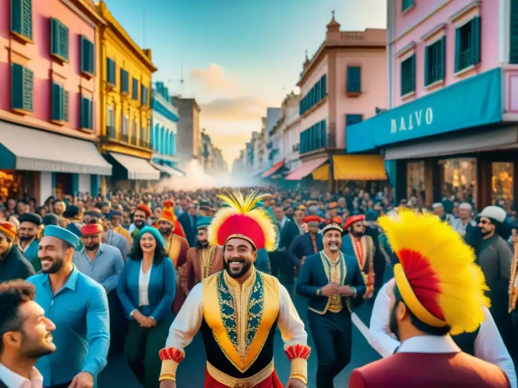 Desfile de Carnaval en Montevideo con vibrantes comparsas, tambores y espectadores, en un atardecer cálido