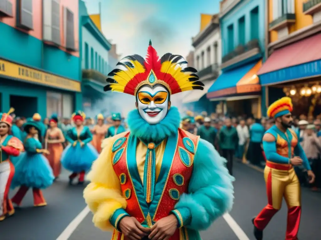 Un desfile de carnaval en Montevideo cobra vida en esta ilustración de acuarela, fusionando elementos tradicionales y modernos en un estilo etéreo