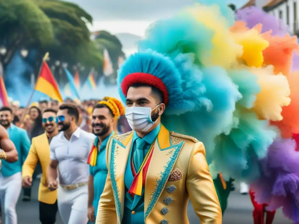 Desfile de comparsas LGBT+ en Uruguay: coloridas vestimentas y máscaras, música alegre, banderas arcoíris y arquitectura tradicional