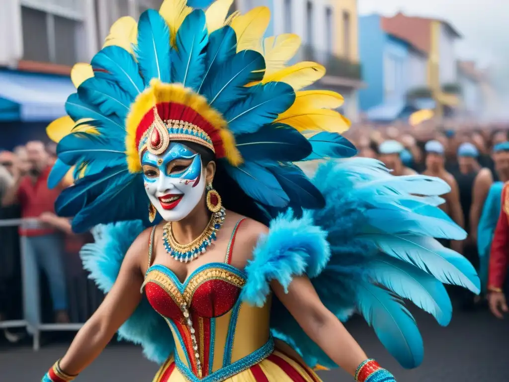 Un desfile colorido y alegre durante el Carnaval Uruguayo, con danzantes en trajes elaborados y máscaras, mostrando diversidad cultural