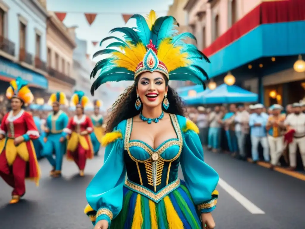 Desfile colorido y alegre del Carnaval Uruguayo, con trajes vibrantes y plumas