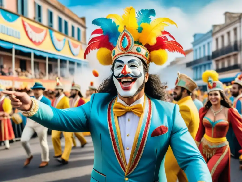 Desfile colorido y alegre del Carnaval Uruguayo con carros alegóricos y artistas en trajes tradicionales, seguro de viaje Carnaval Uruguayo