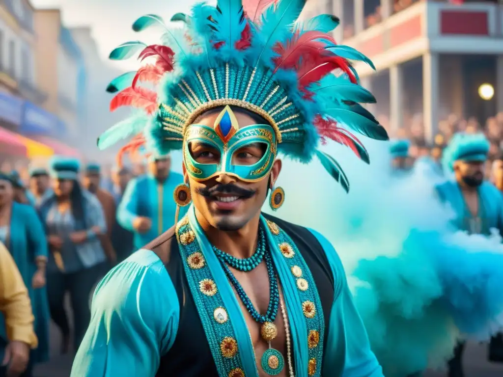 Desfile colorido y alegre en el Carnaval Uruguayo, con bailarines, máscaras y música tradicional