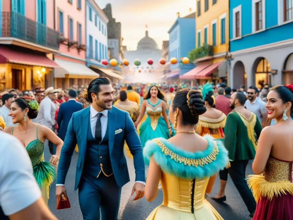 Desfile colorido y alegre del Carnaval Uruguayo, mostrando la riqueza cultural y la energía vibrante de la festividad