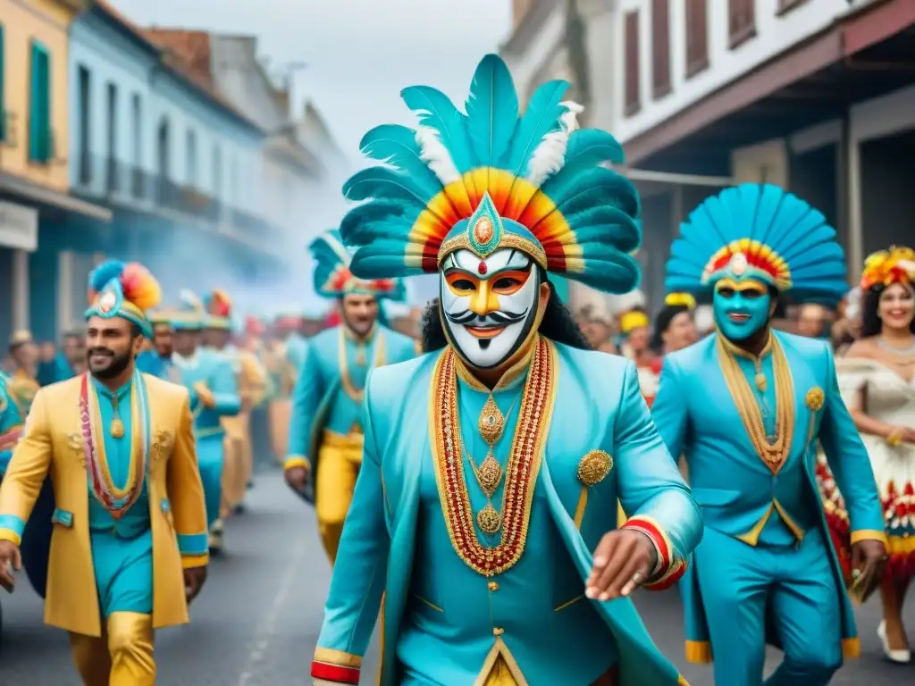 Desfile colorido y alegre del Carnaval Uruguayo, destacando herencia cultural y tradiciones