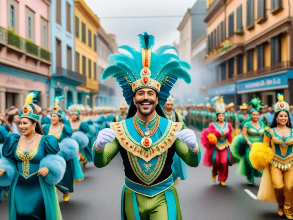 Desfile colorido y alegre del Carnaval Uruguayo con carros y disfraces detallados, capturando la celebración