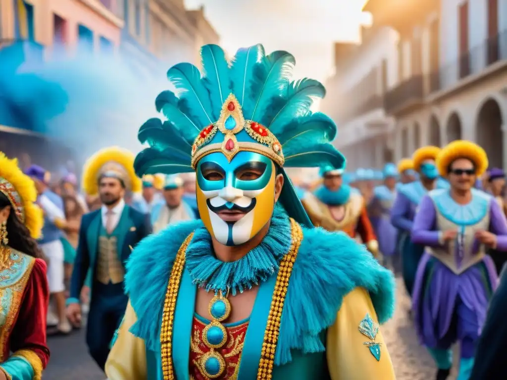 Colorida pintura acuarela del Carnaval en Uruguay Desfile colorido y animado en el Carnaval de Uruguay, con trajes detallados y música alegre