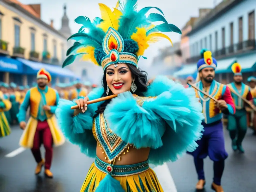 Desfile colorido y animado del Carnaval Uruguayo con bailarines y músicos, reflejando las tendencias en el Carnaval Uruguayo