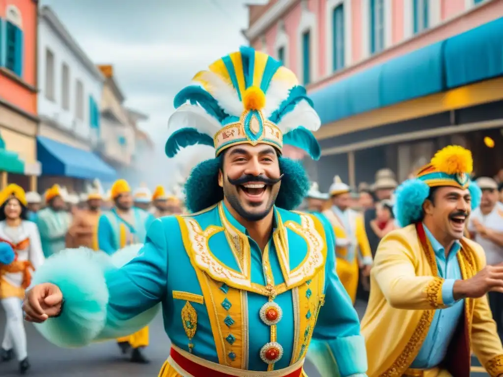 Desfile colorido y animado en Uruguay durante festividad, con 'Innovaciones promoción eventos festivos Uruguay'