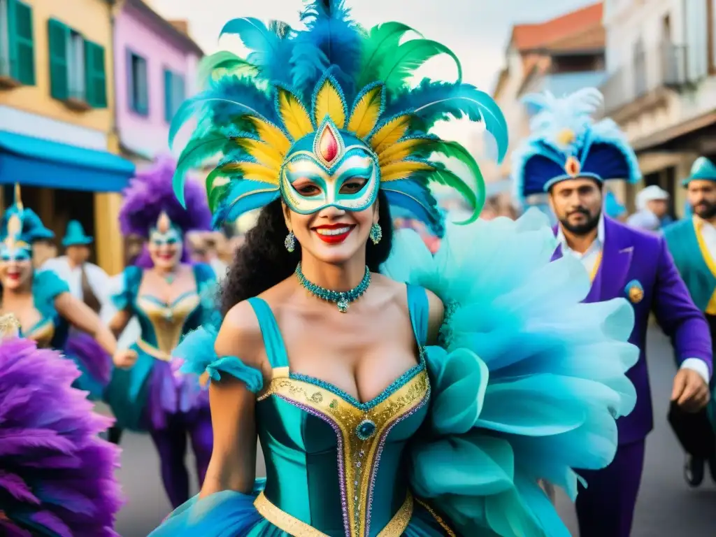 Desfile colorido de artistas de carnaval en Uruguay, destacando superación y creatividad